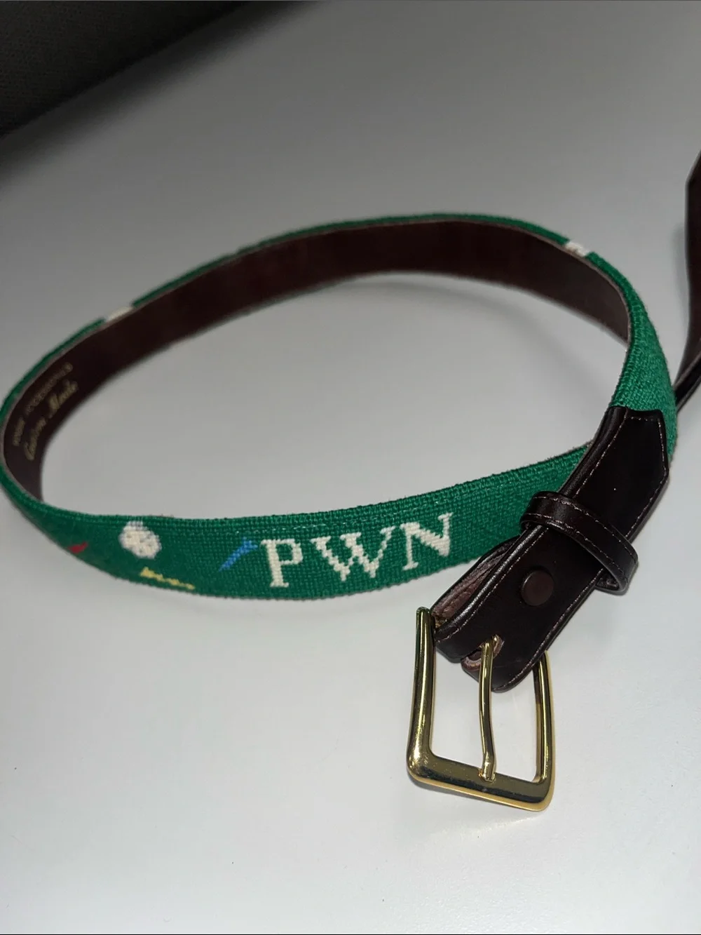 Vogue Accessories Custom Made Green Needlepoint PWN Belt with Brown Leather Trim